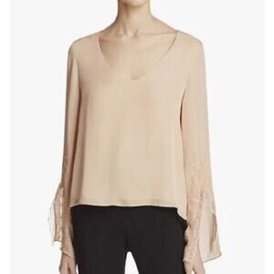 Cami NYC Blouse Top Cream Pink 100% Silk Flare Bell Sleeve Lace Trim Size XS